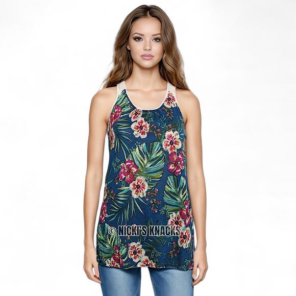 Tropical Floral Knit Tank Top Scoop Neck Lightweight Sleeveless Blouse Size S - Picture 8 of 9